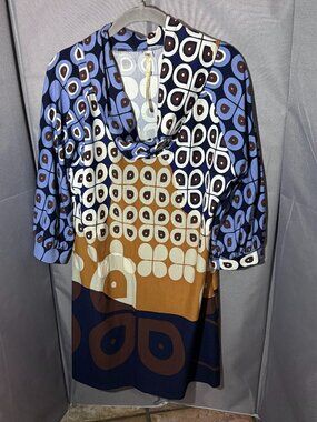 Uncle Frank Retro Print Cowl Neck 3/4 Sleeve Dress Midi Viscose Blend Medium